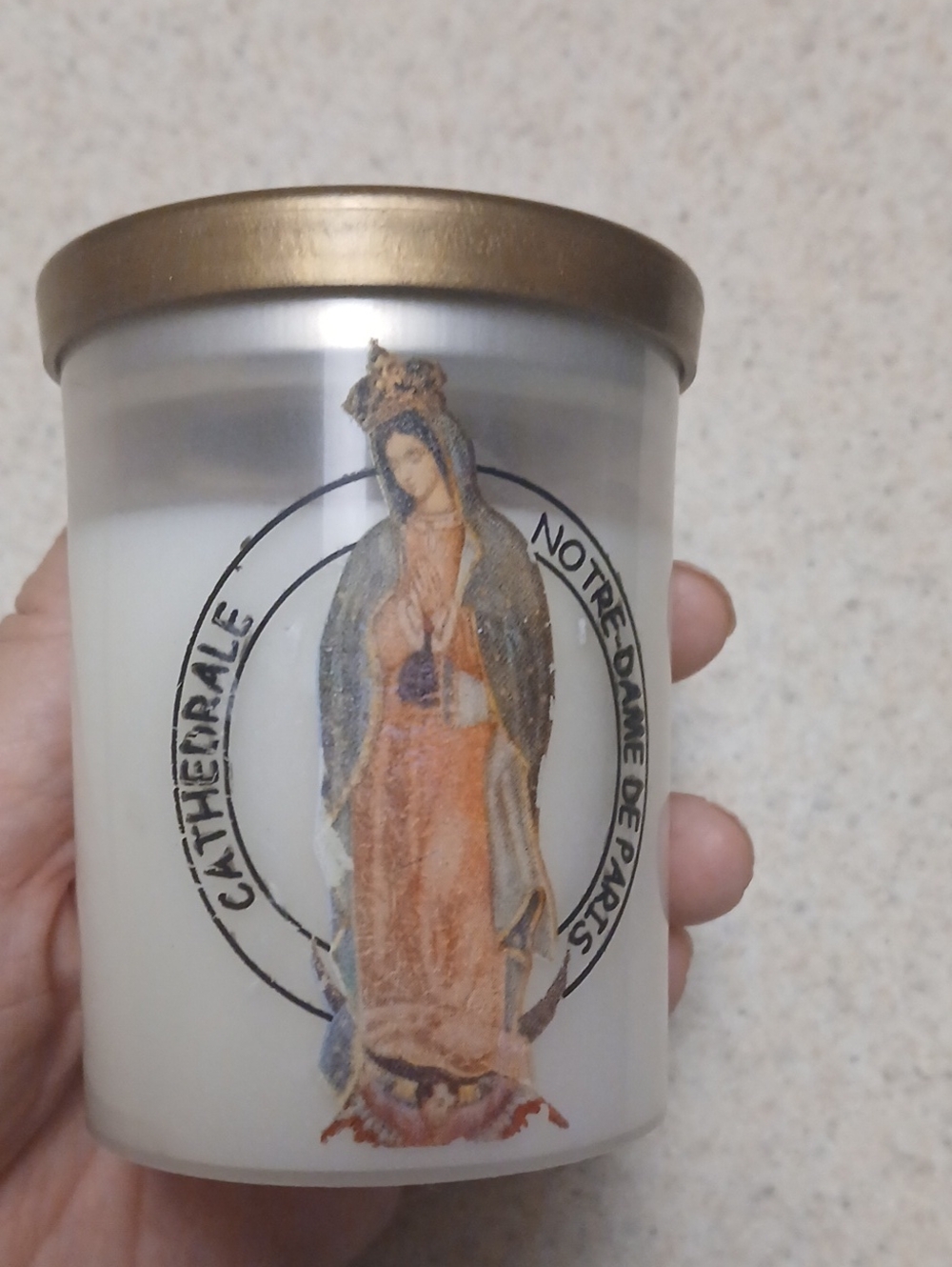 Cathedrale Notre Dame De Paris White Devotional Candle with Gold Lid
